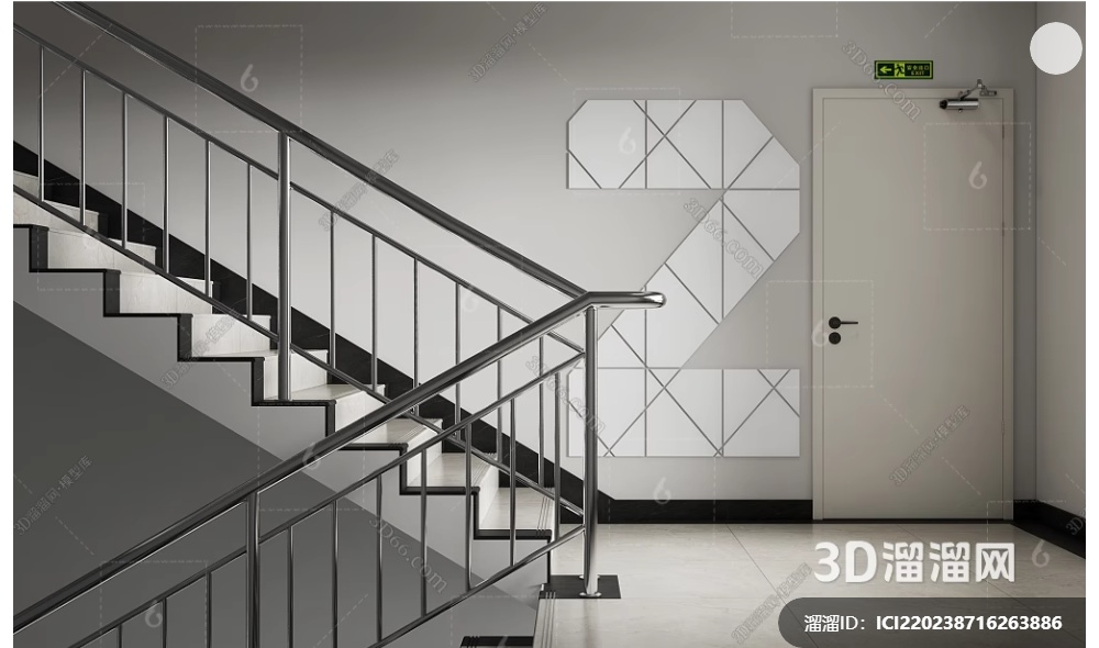 现代 楼梯间 不锈钢扶手楼梯 消防楼梯 转角楼梯 栏杆扶手 消防门3D模型 ICI220238716263886.jpg