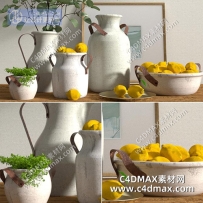 C4DOC工程-桌上柠檬场景工程柠檬工程柠檬模型陶瓷花瓶模型