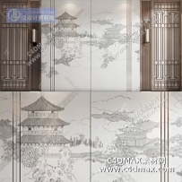 新中式 背景墙 装饰墙 中式塔水墨画线条画3D模型